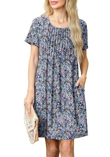 GRECERELLE Sommerkleid Damen Kurzarm Rundhals Elegant Etuikleider Lässige Minikleid Kleid Dresses Leichte Kurze Freizeitkleid Strandkleid mit Taschen (Schwarze mit Anemone, XL) von GRECERELLE