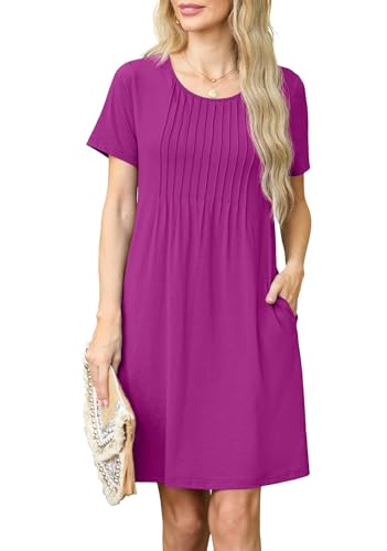 GRECERELLE Sommerkleid Damen Kurzarm Rundhals Elegant Etuikleider Lässige Minikleid Kleid Dresses Leichte Kurze Freizeitkleid Strandkleid mit Taschen (Fuchisa, XXL) von GRECERELLE