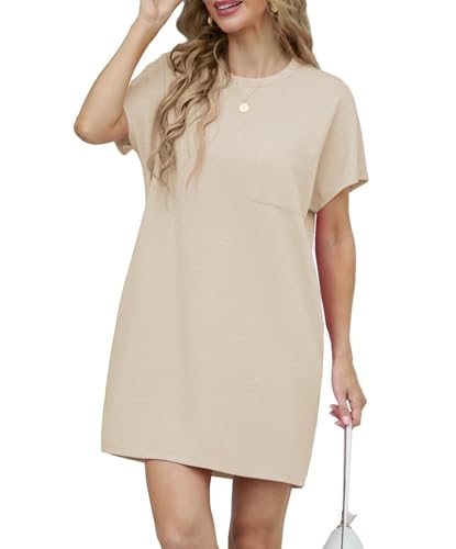 GRECERELLE Sommerkleid Damen Kurzarm Strandkleid Elegant Rundhals Lässige Freizeitkleid Frauen Kleider mit Taschen Einfarbig Summer Dressed Tshirt Leicht und Luftig Freizeitkleider (Aprikotweiß, S) von GRECERELLE