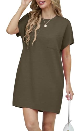 GRECERELLE Sommerkleid Damen Kurzarm Strandkleid Elegant Rundhals Lässige Freizeitkleid Frauen Kleider mit Taschen Einfarbig Summer Dressed Tshirt Leicht und Luftig Freizeitkleider (Armeegrün, S) von GRECERELLE