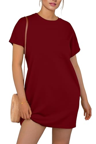 GRECERELLE Sommerkleid Damen Kurzarm Strandkleid Elegant Rundhals Lässige Freizeitkleid Frauen Kleider mit Taschen Einfarbig Summer Dressed Tshirt Leicht und Luftig Freizeitkleider (Burgunderrot, L) von GRECERELLE