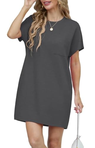 GRECERELLE Sommerkleid Damen Kurzarm Strandkleid Elegant Rundhals Lässige Freizeitkleid Frauen Kleider mit Taschen Einfarbig Summer Dressed Tshirt Leicht und Luftig Freizeitkleider (Dunkelgrau, XXL) von GRECERELLE