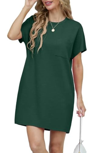 GRECERELLE Sommerkleid Damen Kurzarm Strandkleid Elegant Rundhals Lässige Freizeitkleid Frauen Kleider mit Taschen Einfarbig Summer Dressed Tshirt Leicht und Luftig Freizeitkleider (Dunkelgrün, S) von GRECERELLE