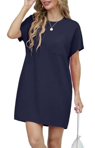 GRECERELLE Sommerkleid Damen Kurzarm Strandkleid Elegant Rundhals Lässige Freizeitkleid Frauen Kleider mit Taschen Einfarbig Summer Dressed Tshirt Leicht und Luftig Freizeitkleider (Marineblau, XL) von GRECERELLE