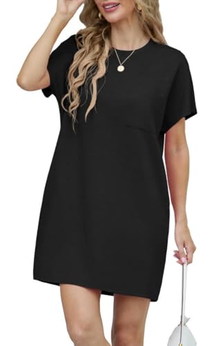 GRECERELLE Sommerkleid Damen Kurzarm Strandkleid Elegant Rundhals Lässige Freizeitkleid Frauen Kleider mit Taschen Einfarbig Summer Dressed Tshirt Leicht und Luftig Freizeitkleider (Schwarz, S) von GRECERELLE