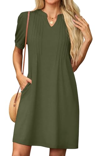 GRECERELLE Sommerkleid Damen Kurzarm V-Ausschnitt Etuikleider T-Shirt Minikleid Tunika Kleid Dresses for Women Leichte Kurze Freizeitkleid Strandkleid mit Taschen (Armeegrün, M) von GRECERELLE