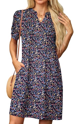 GRECERELLE Sommerkleid Damen Kurzarm V-Ausschnitt Etuikleider T-Shirt Minikleid Tunika Kleid Dresses for Women Leichte Kurze Freizeitkleid Strandkleid mit Taschen (Dunkel Blau Mimose, L) von GRECERELLE