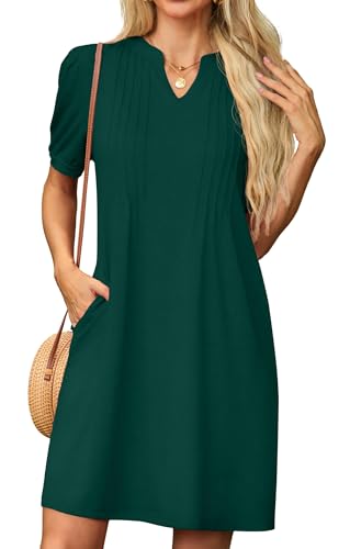GRECERELLE Sommerkleid Damen Kurzarm V-Ausschnitt Etuikleider T-Shirt Minikleid Tunika Kleid Dresses for Women Leichte Kurze Freizeitkleid Strandkleid mit Taschen (Dunkelgrün, L) von GRECERELLE