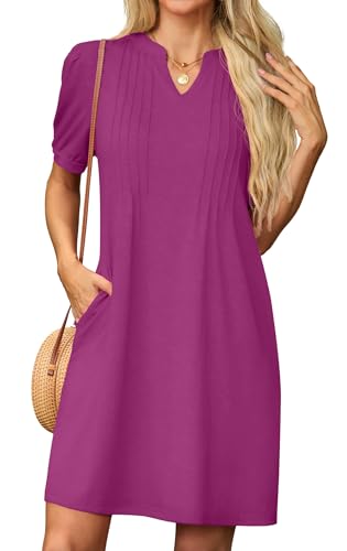 GRECERELLE Sommerkleid Damen Kurzarm V-Ausschnitt Etuikleider T-Shirt Minikleid Tunika Kleid Dresses for Women Leichte Kurze Freizeitkleid Strandkleid mit Taschen (Fuchisa, S) von GRECERELLE