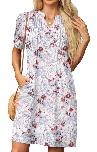 GRECERELLE Sommerkleid Damen Kurzarm V-Ausschnitt Etuikleider T-Shirt Minikleid Tunika Kleid Dresses for Women Leichte Kurze Freizeitkleid Strandkleid mit Taschen (Graue Azalee, XL) von GRECERELLE