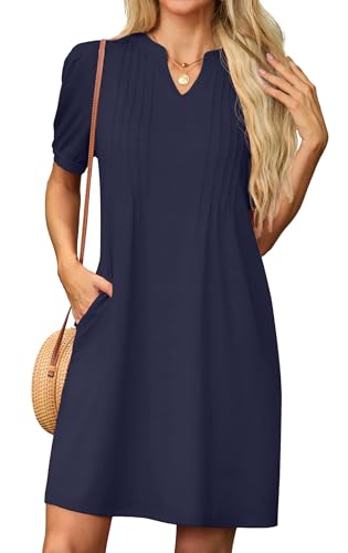 GRECERELLE Sommerkleid Damen Kurzarm V-Ausschnitt Etuikleider T-Shirt Minikleid Tunika Kleid Dresses for Women Leichte Kurze Freizeitkleid Strandkleid mit Taschen (Marineblau, M) von GRECERELLE
