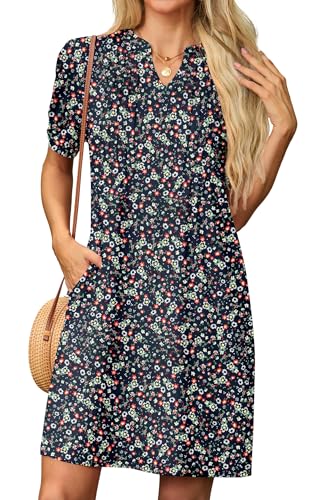 GRECERELLE Sommerkleid Damen Kurzarm V-Ausschnitt Etuikleider T-Shirt Minikleid Tunika Kleid Dresses for Women Leichte Kurze Freizeitkleid Strandkleid mit Taschen (Marineblau mit weißer Blume, XXL) von GRECERELLE