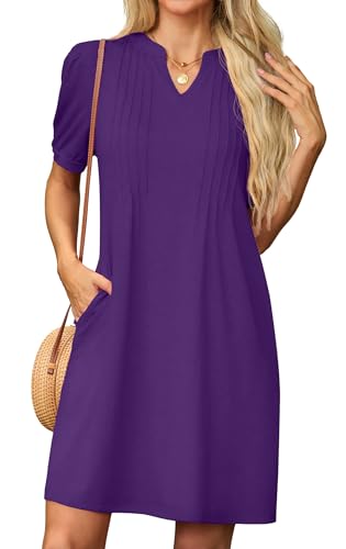 GRECERELLE Sommerkleid Damen Kurzarm V-Ausschnitt Etuikleider T-Shirt Minikleid Tunika Kleid Dresses for Women Leichte Kurze Freizeitkleid Strandkleid mit Taschen (Morgenröte Lila, M) von GRECERELLE