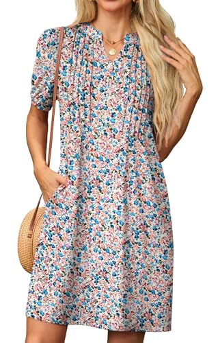 GRECERELLE Sommerkleid Damen Kurzarm V-Ausschnitt Etuikleider T-Shirt Minikleid Tunika Kleid Dresses for Women Leichte Kurze Freizeitkleid Strandkleid mit Taschen (Rosa Blaue Blume, L) von GRECERELLE