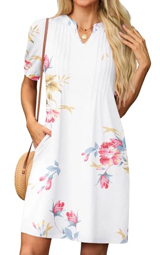 GRECERELLE Sommerkleid Damen Kurzarm V-Ausschnitt Etuikleider T-Shirt Minikleid Tunika Kleid Dresses for Women Leichte Kurze Freizeitkleid Strandkleid mit Taschen (Rosa Weiß, S) von GRECERELLE
