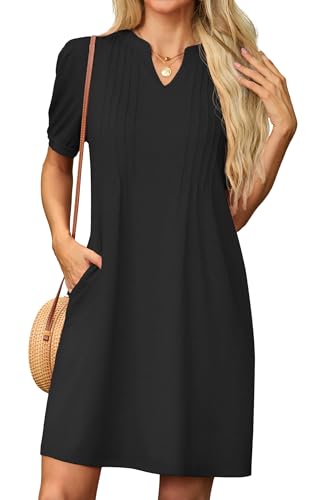 GRECERELLE Sommerkleid Damen Kurzarm V-Ausschnitt Etuikleider T-Shirt Minikleid Tunika Kleid Dresses for Women Leichte Kurze Freizeitkleid Strandkleid mit Taschen (Schwarz, XXL) von GRECERELLE