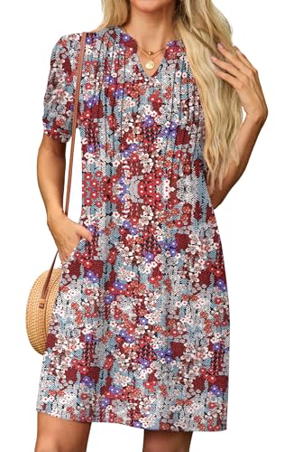 GRECERELLE Sommerkleid Damen Kurzarm V-Ausschnitt Etuikleider T-Shirt Minikleid Tunika Kleid Dresses for Women Leichte Kurze Freizeitkleid Strandkleid mit Taschen (Schwarz Farbe Hibiskus, M) von GRECERELLE