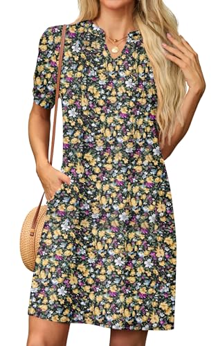 GRECERELLE Sommerkleid Damen Kurzarm V-Ausschnitt Etuikleider T-Shirt Minikleid Tunika Kleid Dresses for Women Leichte Kurze Freizeitkleid Strandkleid mit Taschen (Schwarz mit gelber Blume, M) von GRECERELLE