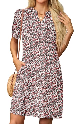 GRECERELLE Sommerkleid Damen Kurzarm V-Ausschnitt Etuikleider T-Shirt Minikleid Tunika Kleid Dresses for Women Leichte Kurze Freizeitkleid Strandkleid mit Taschen (Schwarz mit roter Blume, S) von GRECERELLE
