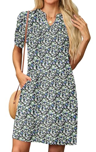 GRECERELLE Sommerkleid Damen Kurzarm V-Ausschnitt Etuikleider T-Shirt Minikleid Tunika Kleid Dresses for Women Leichte Kurze Freizeitkleid Strandkleid mit Taschen (Schwarz mit weißer Rose, L) von GRECERELLE