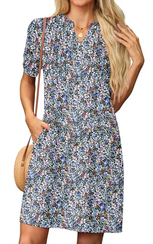 GRECERELLE Sommerkleid Damen Kurzarm V-Ausschnitt Etuikleider T-Shirt Minikleid Tunika Kleid Dresses for Women Leichte Kurze Freizeitkleid Strandkleid mit Taschen (Schwarze mit Anemone, XL) von GRECERELLE