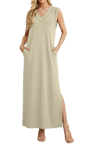 GRECERELLE Sommerkleid Damen Lang Leicht Elegant Knielang Casual Kleid V-Ausschnitt Freizeitkleid mit Taschen und Schlitz (Aprikose, M) von GRECERELLE