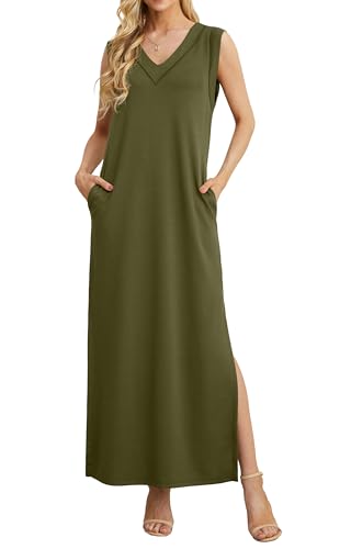 GRECERELLE Sommerkleid Damen Lang Leicht Elegant Knielang Casual Kleid V-Ausschnitt Freizeitkleid mit Taschen und Schlitz (Armeegrün, L) von GRECERELLE