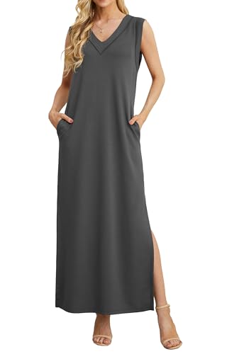 GRECERELLE Sommerkleid Damen Lang Leicht Elegant Knielang Casual Kleid V-Ausschnitt Freizeitkleid mit Taschen und Schlitz (Dunkelgrau, XL) von GRECERELLE