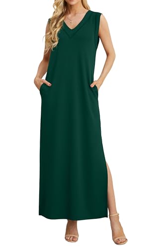 GRECERELLE Sommerkleid Damen Lang Leicht Elegant Knielang Casual Kleid V-Ausschnitt Freizeitkleid mit Taschen und Schlitz (Dunkelgrün, M) von GRECERELLE