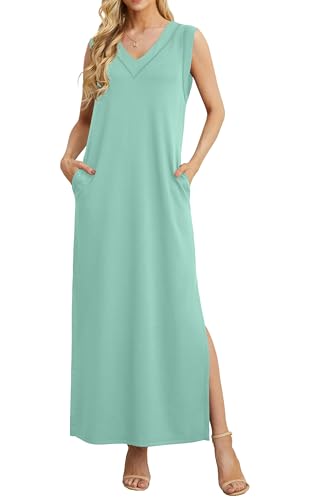 GRECERELLE Sommerkleid Damen Lang Leicht Elegant Knielang Casual Kleid V-Ausschnitt Freizeitkleid mit Taschen und Schlitz (Hellblau, M) von GRECERELLE
