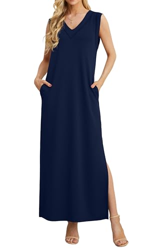 GRECERELLE Sommerkleid Damen Lang Leicht Elegant Knielang Casual Kleid V-Ausschnitt Freizeitkleid mit Taschen und Schlitz (Marineblau, L) von GRECERELLE
