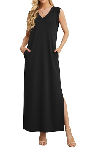 GRECERELLE Sommerkleid Damen Lang Leicht Elegant Knielang Casual Kleid V-Ausschnitt Freizeitkleid mit Taschen und Schlitz (Schwarz, XL) von GRECERELLE