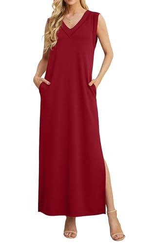 GRECERELLE Sommerkleid Damen Lang Leicht Elegant Knielang Casual Kleid V-Ausschnitt Freizeitkleid mit Taschen und Schlitz (Weinrot, M) von GRECERELLE