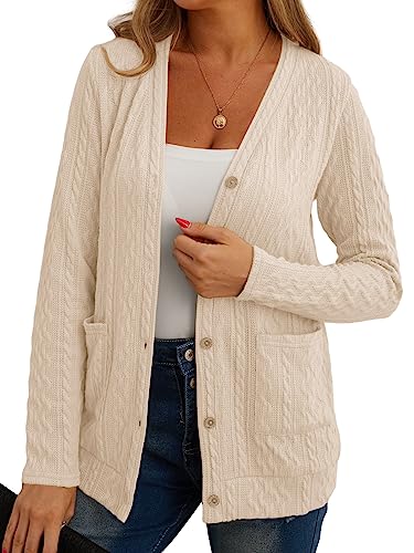 GRECERELLE Strickjacke Damen Cardigan Damen Elegant Gedrehte Strickjacke für den Herbst mit Knöpfen, V-Ausschnitt und praktischen Taschen, Dünne und Stilvoll (Aprikose, S) von GRECERELLE