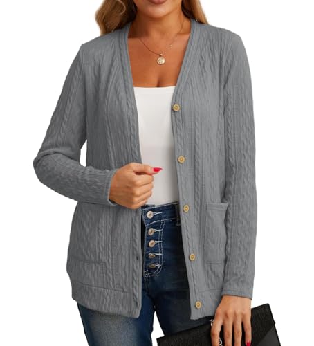 GRECERELLE Strickjacke Damen Cardigan Damen Elegant Gedrehte Strickjacke für den Herbst mit Knöpfen, V-Ausschnitt und praktischen Taschen, Dünne und Stilvoll (Grau, L) von GRECERELLE