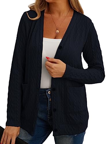 GRECERELLE Strickjacke Damen Cardigan Damen Elegant Gedrehte Strickjacke für den Herbst mit Knöpfen, V-Ausschnitt und praktischen Taschen, Dünne und Stilvoll (Marineblau, L) von GRECERELLE