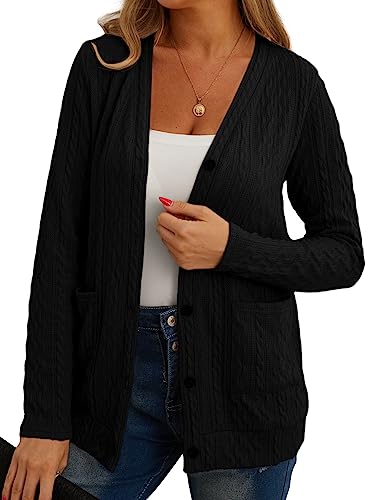 GRECERELLE Strickjacke Damen Cardigan Damen Elegant Gedrehte Strickjacke für den Herbst mit Knöpfen, V-Ausschnitt und praktischen Taschen, Dünne und Stilvoll (Schwarz, L) von GRECERELLE