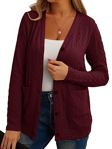 GRECERELLE Strickjacke Damen Cardigan Damen Elegant Gedrehte Strickjacke für den Herbst mit Knöpfen, V-Ausschnitt und praktischen Taschen, Dünne und Stilvoll (Weinrot, L) von GRECERELLE