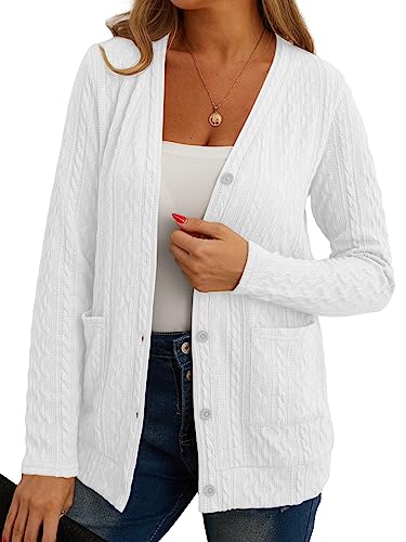 GRECERELLE Strickjacke Damen Cardigan Damen Elegant Gedrehte Strickjacke für den Herbst mit Knöpfen, V-Ausschnitt und praktischen Taschen, Dünne und Stilvoll (Weiß, L) von GRECERELLE