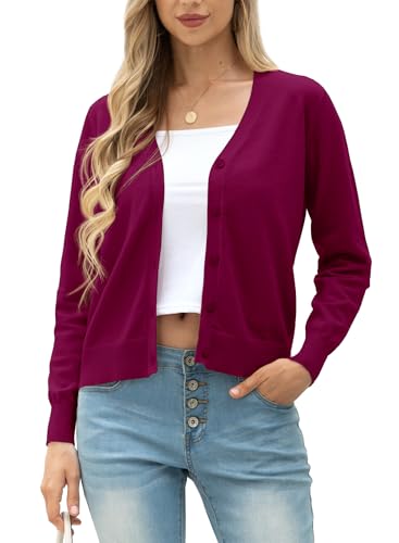 GRECERELLE Strickjacke Damen Cardigan Elegant Leichte V-Ausschnitt Langarm Knopfleiste Winterjacke Strickjacken füR Damen (Weinrot, L) von GRECERELLE