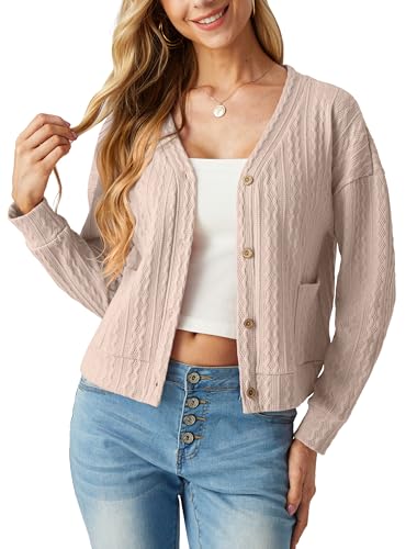 GRECERELLE Strickjacke Damen Kurz Dünn Cardigan Elegant Langarm V-Ausschnitt Leicht Solid Sweater Strickmantel mit Knöpfen,Taschen (Aprikose, S) von GRECERELLE
