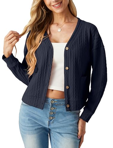 GRECERELLE Strickjacke Damen Kurz Dünn Cardigan Elegant Langarm V-Ausschnitt Leicht Solid Sweater Strickmantel mit Knöpfen,Taschen (Marineblau, XL) von GRECERELLE