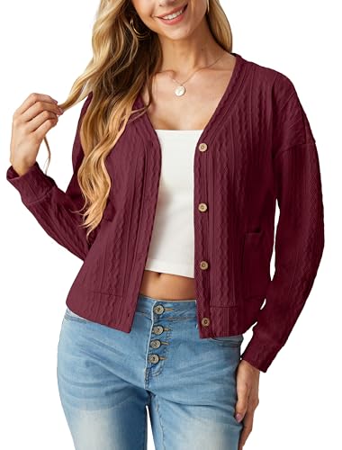 GRECERELLE Strickjacke Damen Kurz Dünn Cardigan Elegant Langarm V-Ausschnitt Leicht Solid Sweater Strickmantel mit Knöpfen,Taschen (Weinrot, S) von GRECERELLE