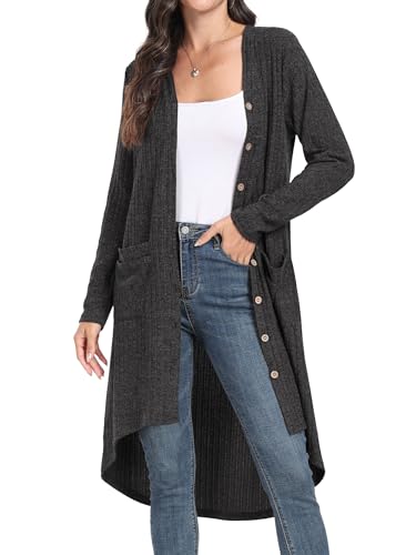 GRECERELLE Strickjacke Damen Lang Cardigan Elegant Dünn Gerippt Langarm mit Knopfleiste und Taschen (Dunkelgrau, S) von GRECERELLE