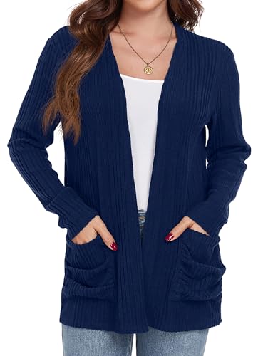GRECERELLE Strickjacke Damen Lang Elegant Cardigan Warme Lässig Leichtes Frauen Herbst Langarm Pullover Mit Taschen Gestrickt Strickjacken (Marineblau,M) von GRECERELLE