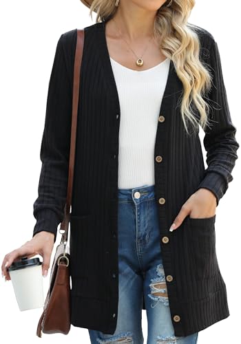 GRECERELLE Strickjacke Damen Lang Strick Cardigan V-Ausschnitt mit Taschen und Knöpfen für Herbst und Abendkleidung (Schwarz, S) von GRECERELLE