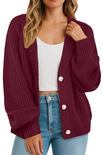 GRECERELLE Strickjacke Damen Langarm Dicke Strickjacken Elegant Cardigan Casual Open Front Sweater V-Ausschnitt Sweater Oversize Strickmantel Pullover mit Knöpfen, Herbst,Winter (Burgundy, M) von GRECERELLE