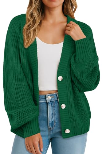 GRECERELLE Strickjacke Damen Langarm Dicke Strickjacken Elegant Cardigan Casual Open Front Sweater V-Ausschnitt Sweater Oversize Strickmantel Pullover mit Knöpfen, Herbst,Winter (Dunkel Grün, M) von GRECERELLE