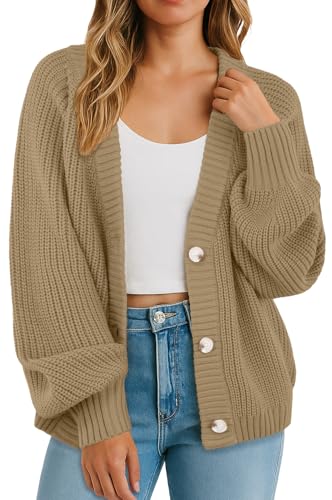 GRECERELLE Strickjacke Damen Langarm Dicke Strickjacken Elegant Cardigan Casual Open Front Sweater V-Ausschnitt Sweater Oversize Strickmantel Pullover mit Knöpfen, Herbst,Winter (Khaki, XL) von GRECERELLE
