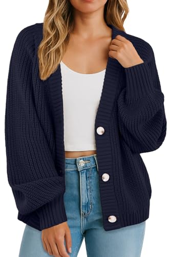 GRECERELLE Strickjacke Damen Langarm Dicke Strickjacken Elegant Cardigan Casual Open Front Sweater V-Ausschnitt Sweater Oversize Strickmantel Pullover mit Knöpfen, Herbst,Winter (Marine Blau, M) von GRECERELLE